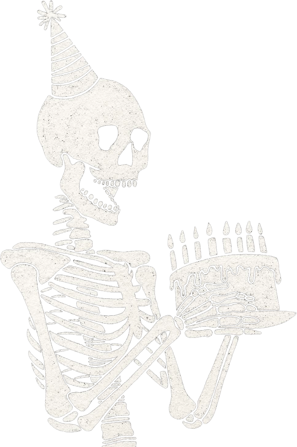 Esqueleto com bolo de aniversário e chapéu de festa
